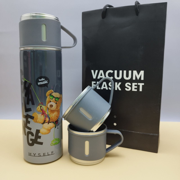 Термос "Мишка" с тремя кружками Vacuum set / Подарочный набор с вакуумной изоляцией / 500 мл.